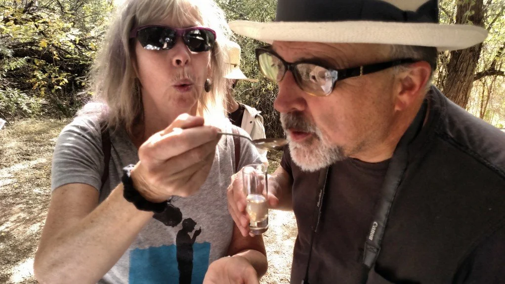 Tasting Russian Olive jam, sipping squirrel broth, sipping Russian Olive tea.