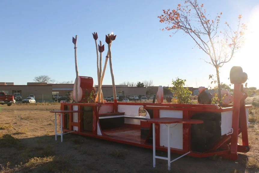 The parklet, complete with Cupid’s arrows as well as a large heart shaped tank that serves as passive water catchment and a well to be filled with City water for irrigating the plantings.