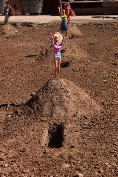 Barbies take their positions atop mounds.