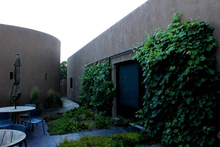Inner Courtyard with custom designed and fabricated steel and cable trellis supporting heirloom grape vines.