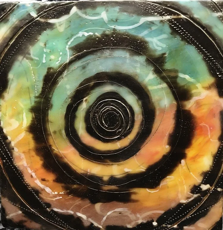 Spiral - Encaustic paint and oil on birch panel8” x 8”Unframed, natural edge. Adhesive hanger. - Elise Wagner  - Elise Wagner Artist - Under 500, Unframed, Symbols - SQ1225247