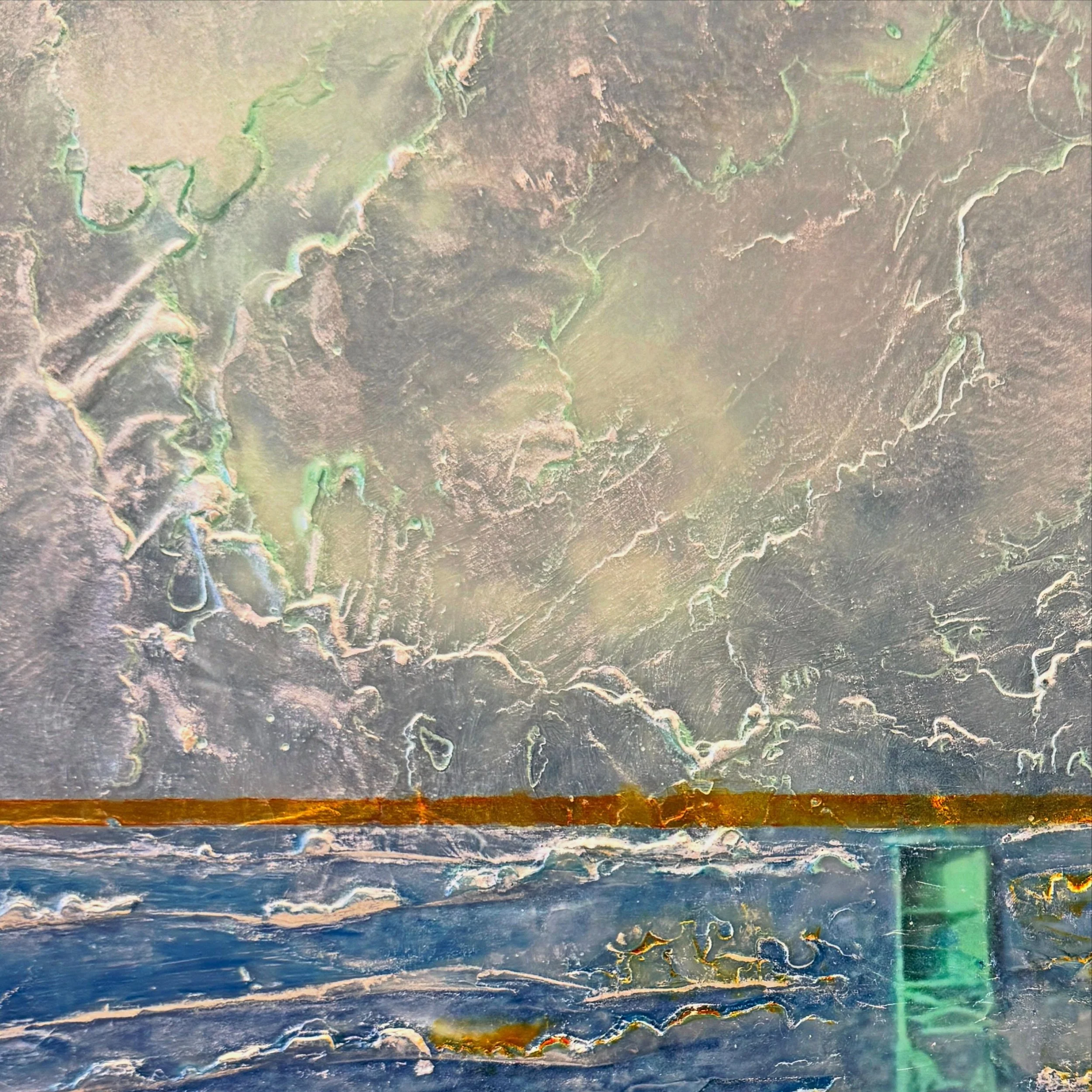 .
Detail of a finished encaustic and oil piece and its inspiration. If you squint you can see a bald eagle on the buoy out my window. 

This and several others will be part of my show &ldquo;Finding Buoyancy&rdquo; this coming September @imogengaller