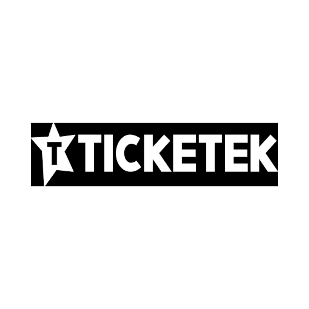Black and white logo of Ticketek with a star design