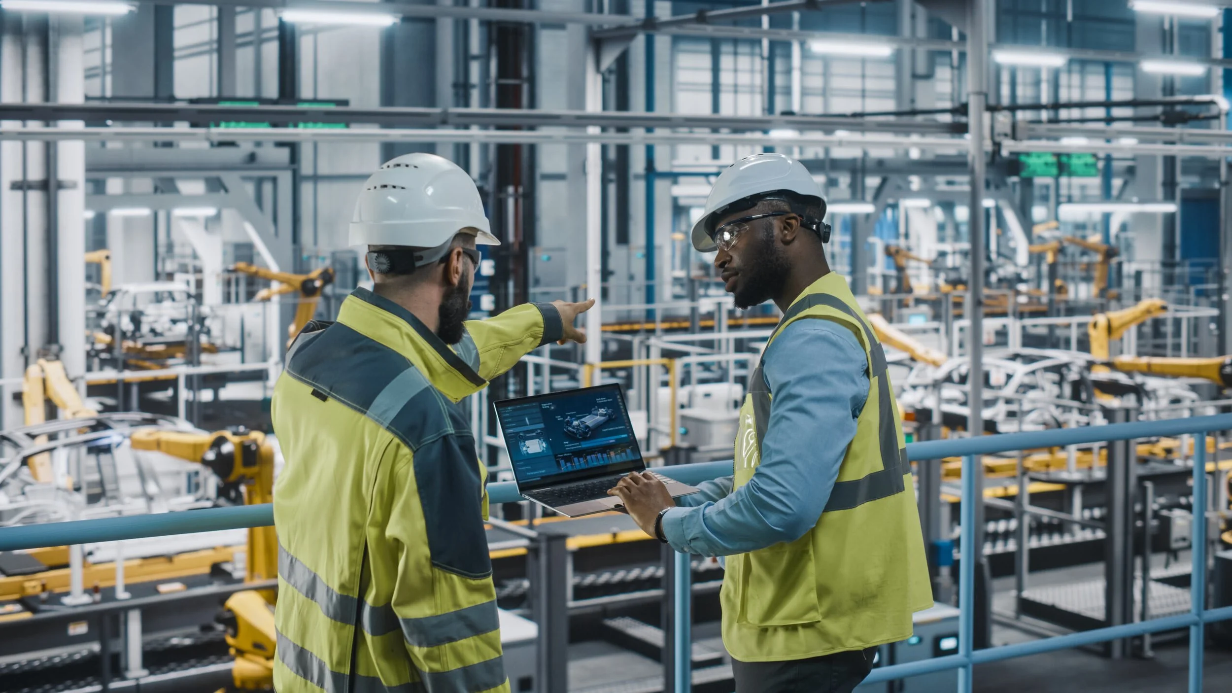 Two factory workers wearing safety helmets and high-visibility jackets discuss production data on a laptop inside a manufacturing plant with robotic arms and car assembly line.