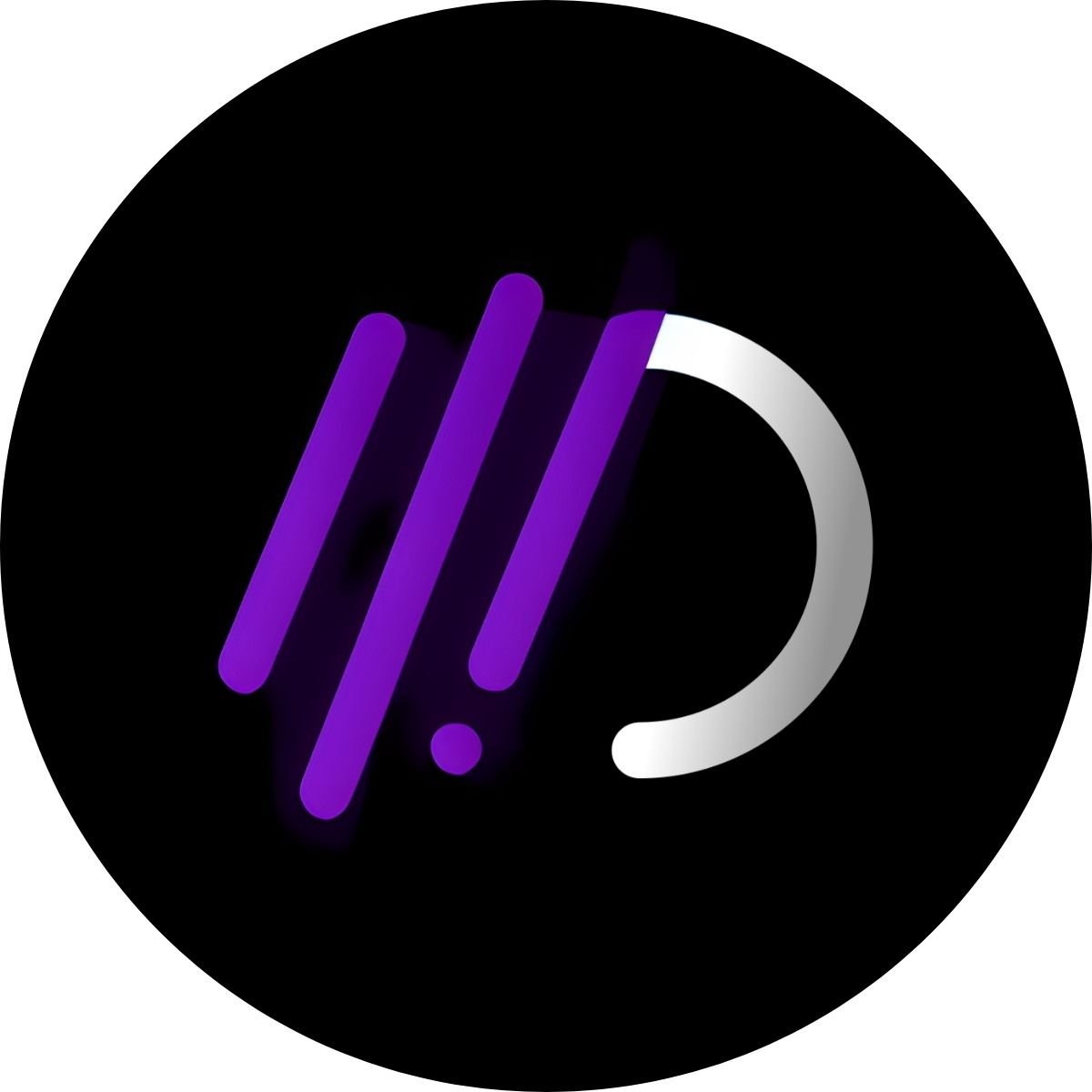 A black circular background with a logo featuring three purple diagonal lines and a dot, alongside a white partial circle.