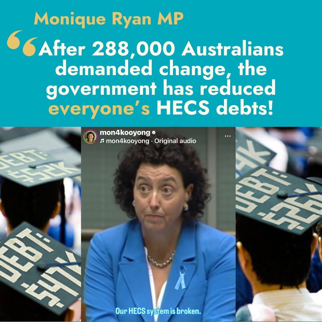 Brilliant news today - @mon4kooyong's petition has led to substantial HECS system changes - reducing debt interest and $3 billion of debt will be wiped.
More details - 
https://www.instagram.com/p/C6kByIJy28M/?igsh=MXAzY2RuODF5cHJ2ZQ==
#Auspol #Peopl