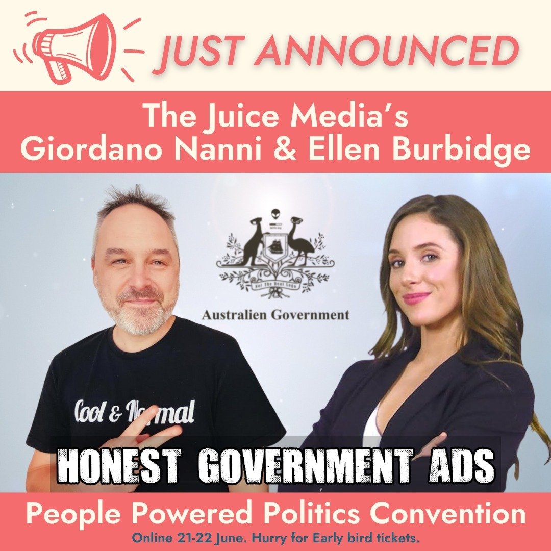 Politics is serious! Can humour save the day? Don't miss The Juice Media's Giordano Nanni and Ellen Burbidge at #PeoplePoweredPolitics Convention. Be quick for Early Bird tix - ending Friday! #Auspol @thejuicemedia 
More details and booking link in b