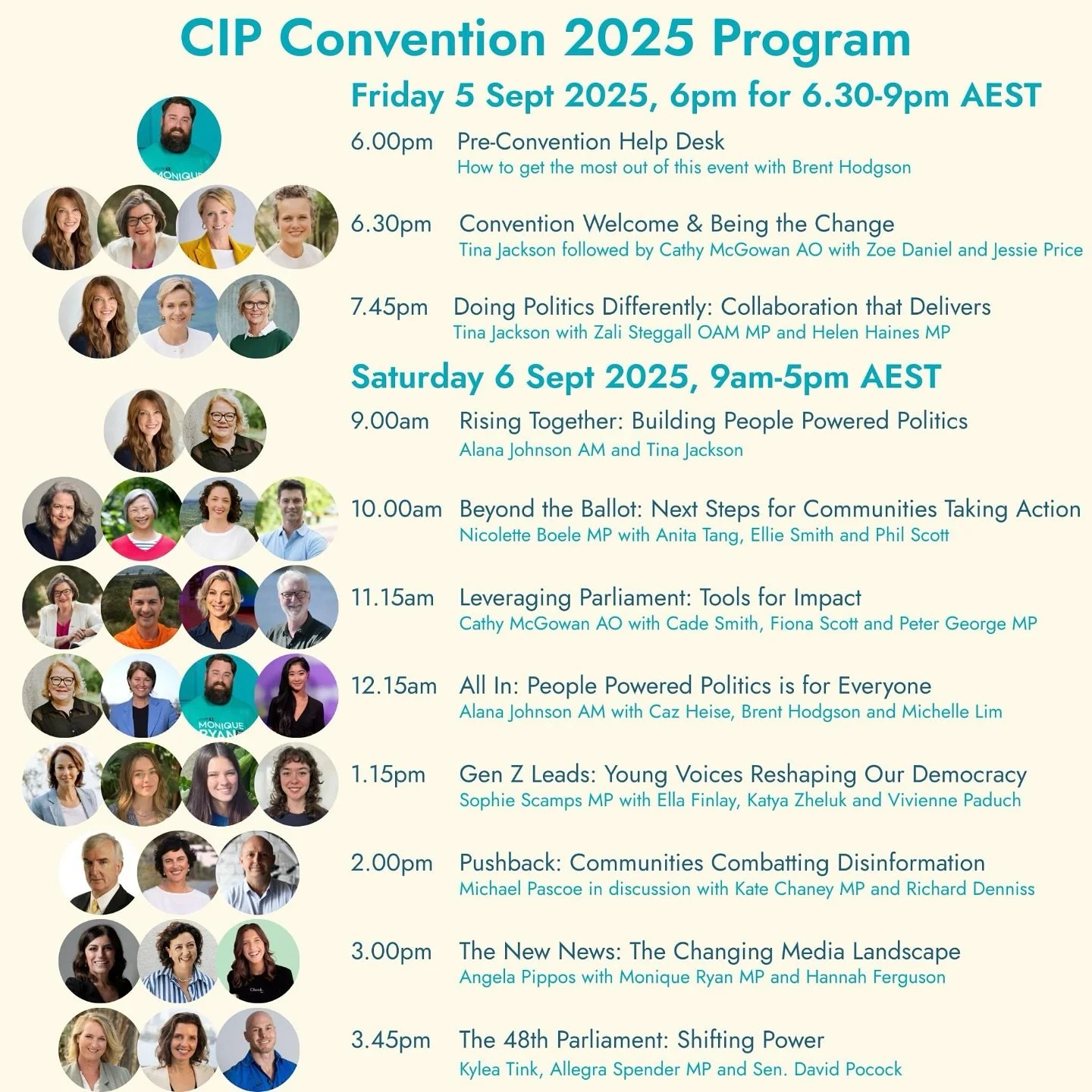 🚨 Just days to go to Convention 2025! 🚨
 
The jam-packed Program includes:
🎤 30+ speakers - including every Community Independent MP and Senator
🧠 10 Convention sessions
💬 7 post event Break-out sessions
📚 18+ hours of content to energise, insp