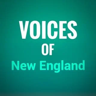 Logo depicting the text 'Voices of New England' on an aquamarine background.