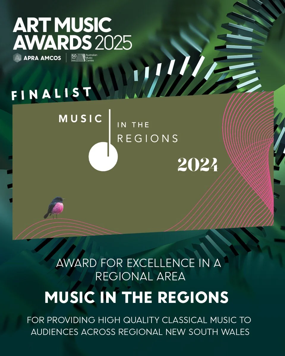 Music in the Regions is a finalist in the prestigious 2025 Art Music Awards, in the category &lsquo;Award for Excellence in a Regional Area&rsquo;!
 
This recognition is a tribute to our amazing artists, our Local Partners and our hard-working staff 