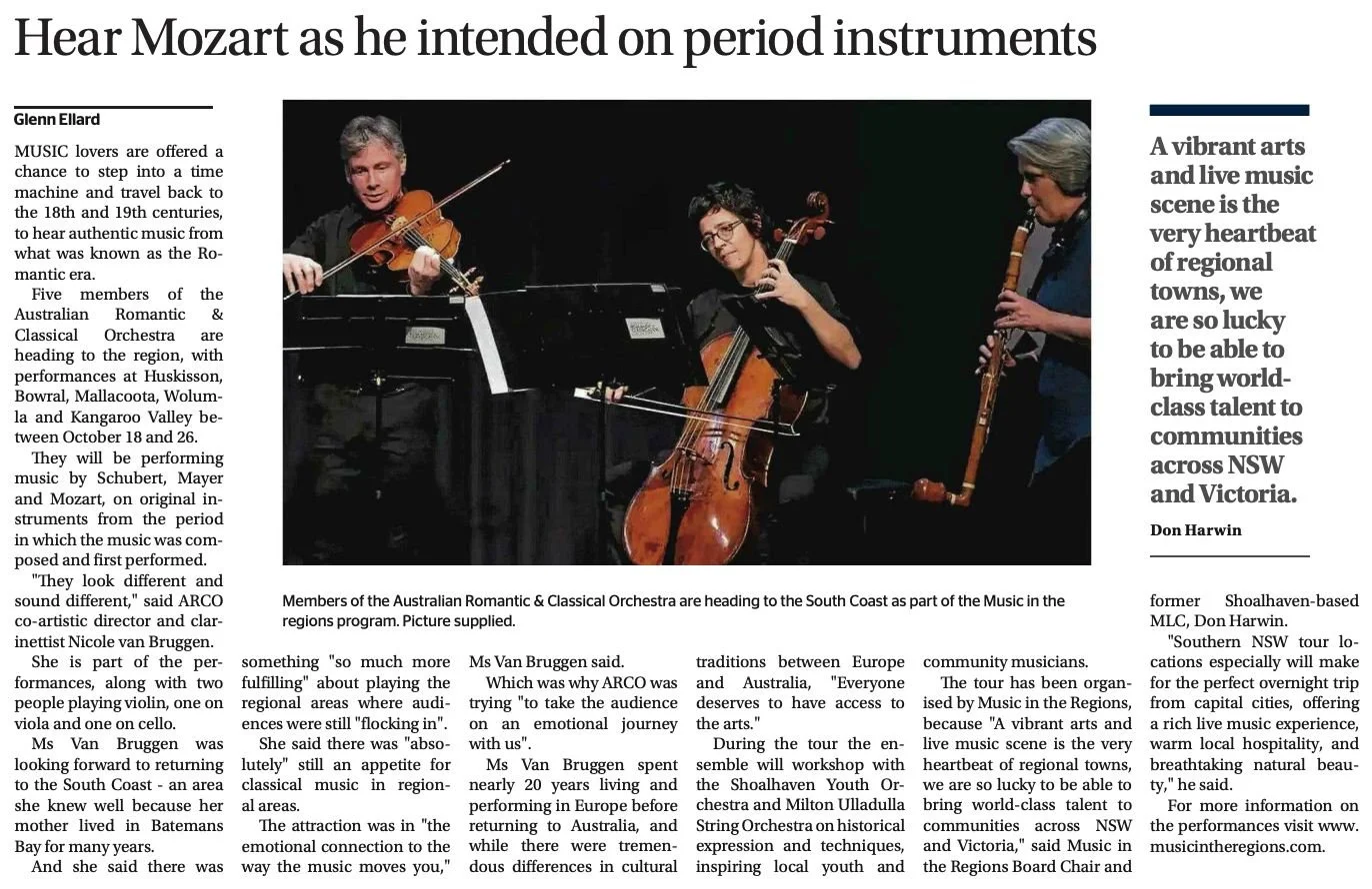 World-class talent is coming to the regions!
The Australian Romantic & Classical Orchestra is bringing its unique period-instrument concert to the NSW South Coast. Get ready for authentic Mozart, Schubert, and more. 
Read the full story in the