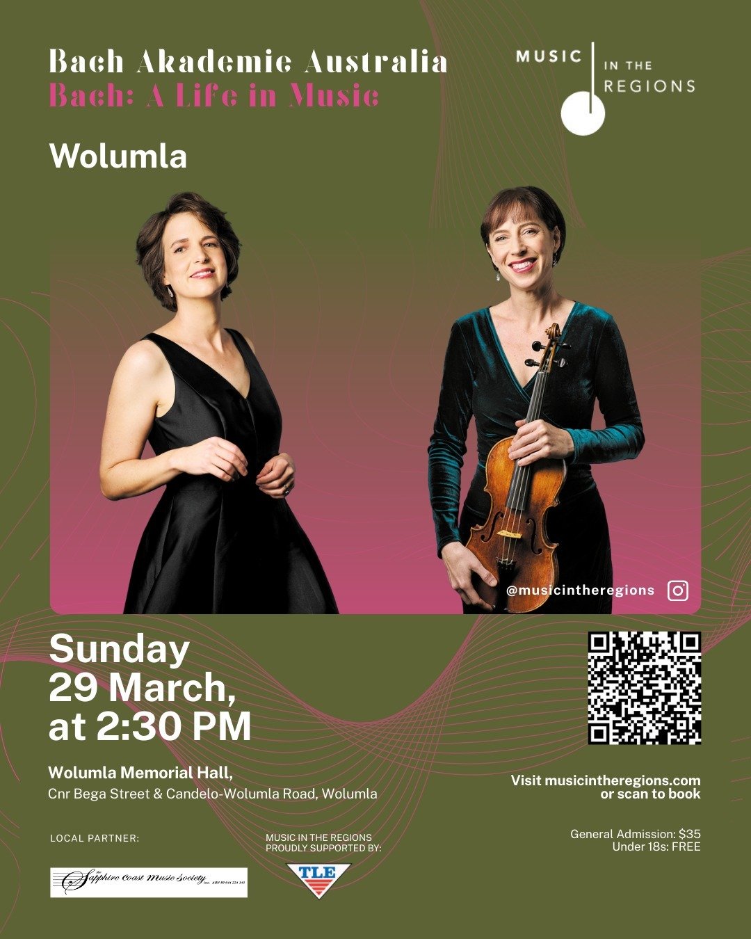 Fill your Sunday afternoon with beautiful music at the historic Memorial Hall in Wolumla. 

Tickets on sale now, visit: www.musicintheregions.com/bach-a-life-in-music 

@bach_akademie_australia  Sapphire Coast Music Society 

#MusicintheRegions #Bach