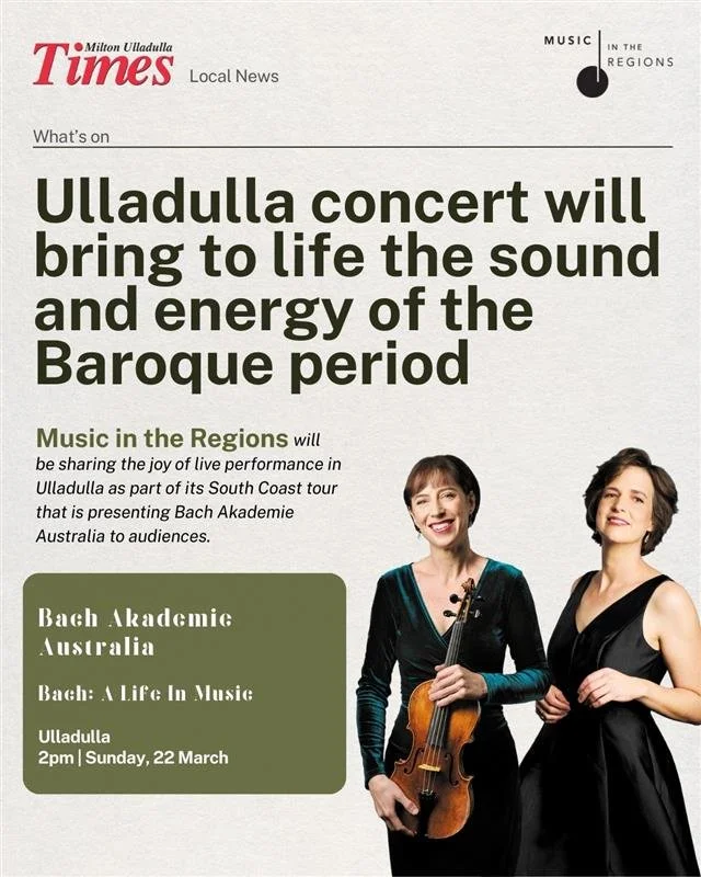 Join us in Ulladulla for a vivid afternoon concert at 2pm, Sunday 22 March at Ulladulla Anglican Church, Ulladulla in partnership with @milton_ulladulla_music 
 
🎟️ Secure your tickets now: https://www.musicintheregions.com/bach-a-life-in-music 

Re