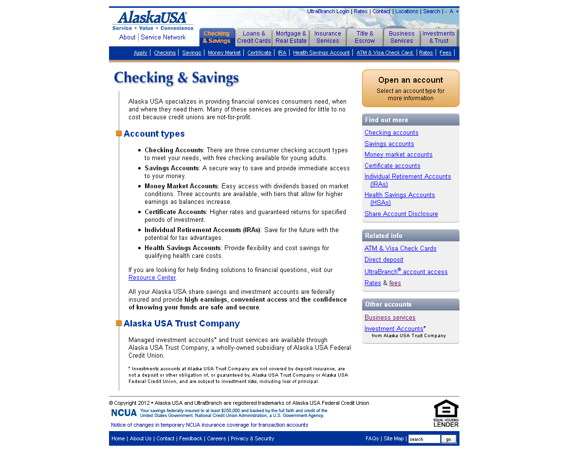 Alaska USA FCU Check & Savings page from 2012