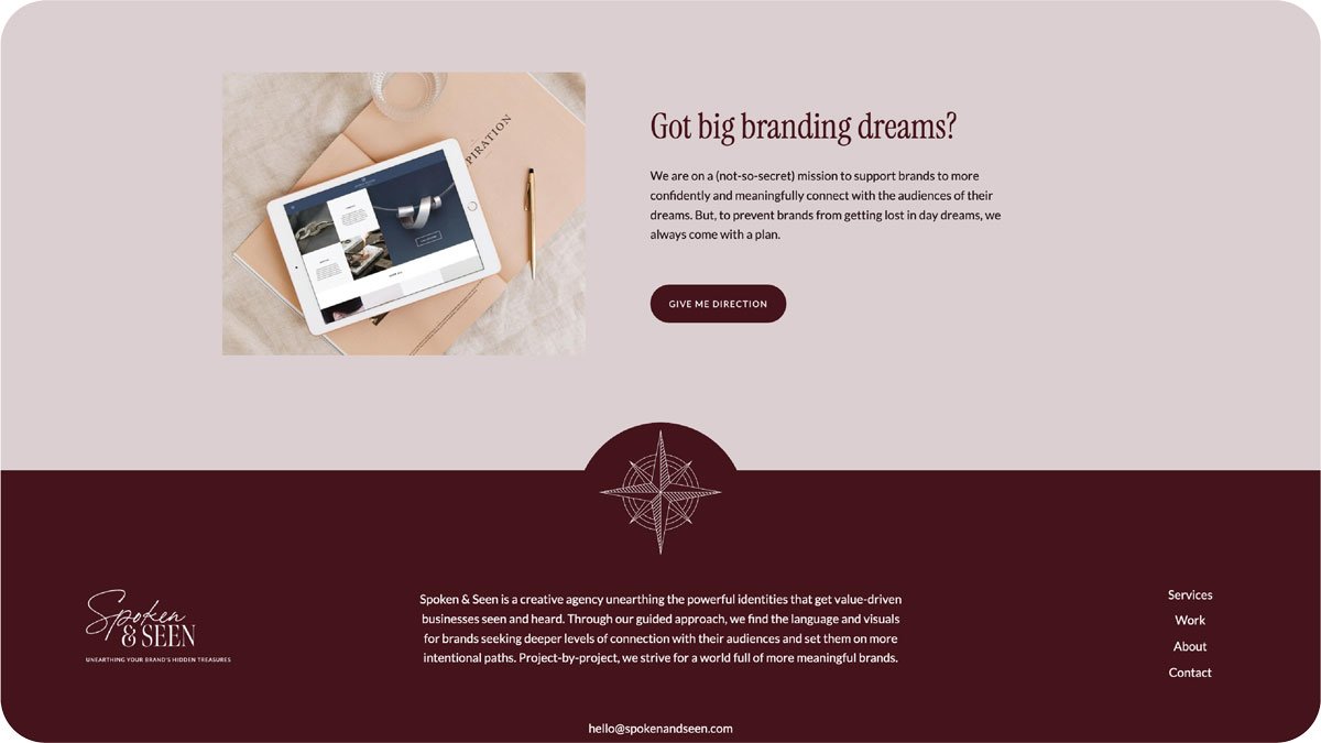 Web design for a Branding agency. Promotional material featuring a tablet displaying a website, a notebook, a pen, and text promoting branding services by Spoken & Seen.