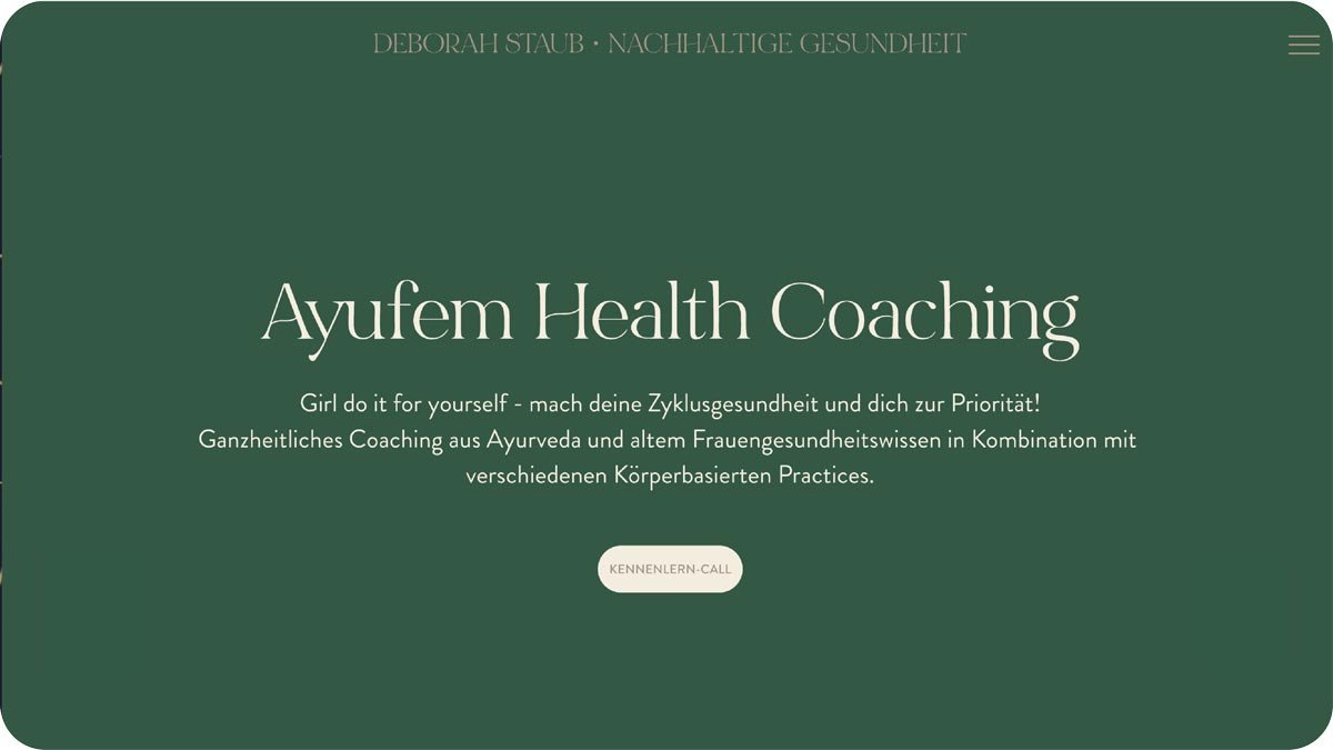 Ayufem Health Coaching website design in German with introductory text and button for consultation call.