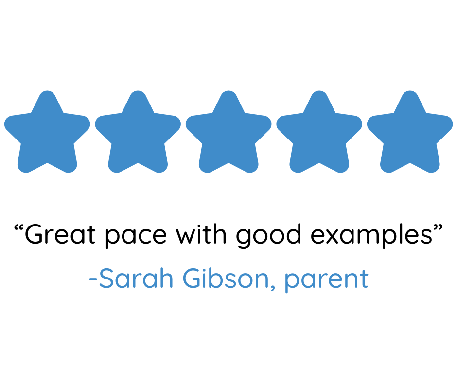 Five blue stars. Quote below reads 'great pace with good examples' by Sarah Gibson, parent.