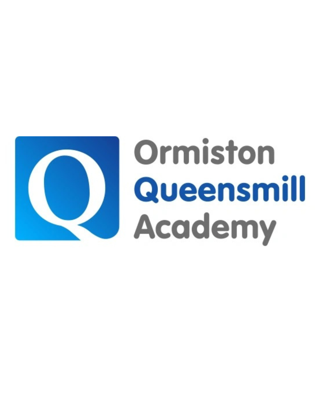 Logo of Ormiston Queensmill Academy featuring a blue square with a white letter Q and the school's name in gray and blue text.