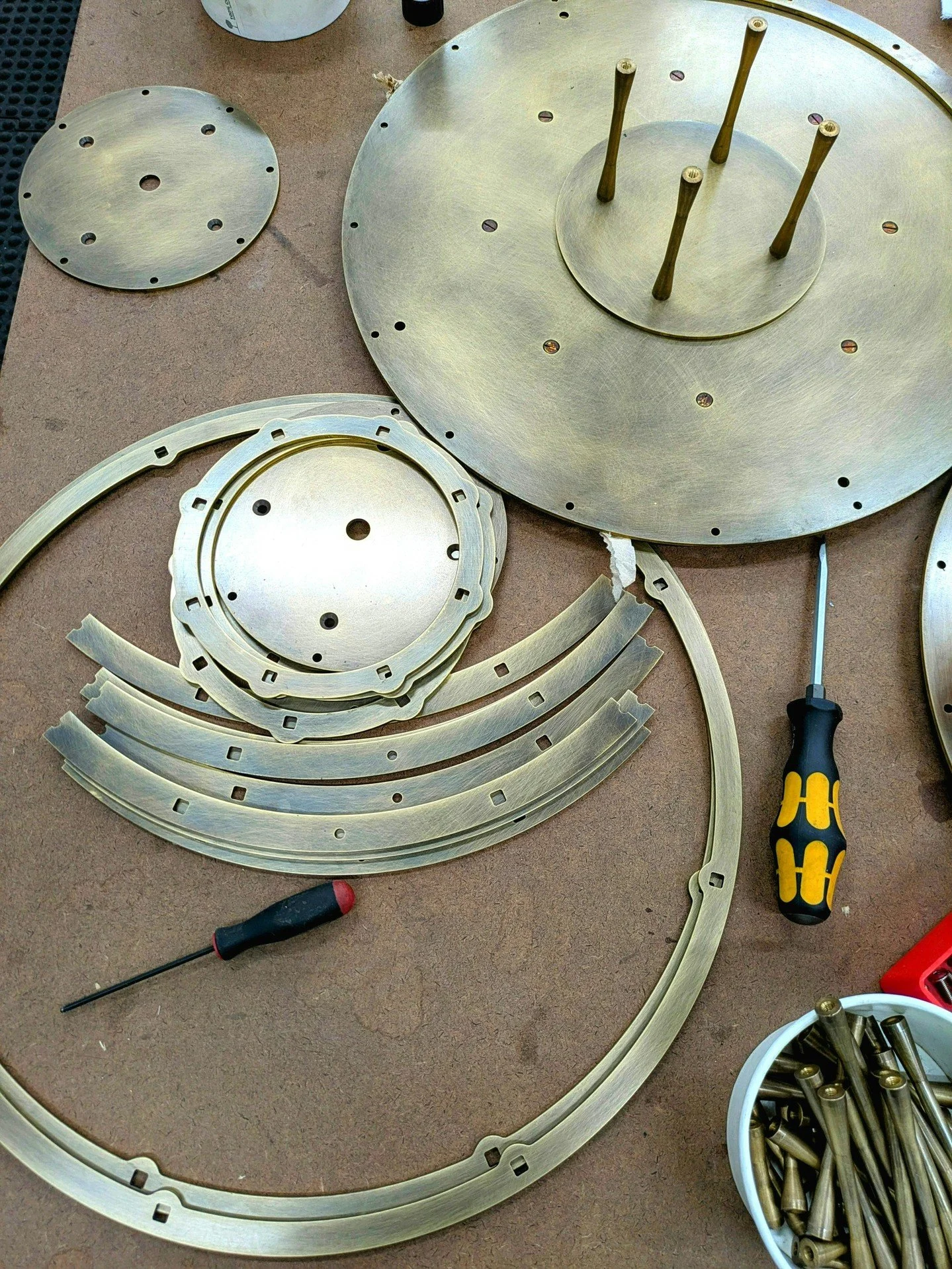 In the workshop: trolley parts, ready for assembly 🧰 ✨ 

These antiqued brass pieces will go together to create the unique rotating carousel found on our digestif trolleys. 

Each carousel will hold approximately 8 bottles plus an additional bottle 