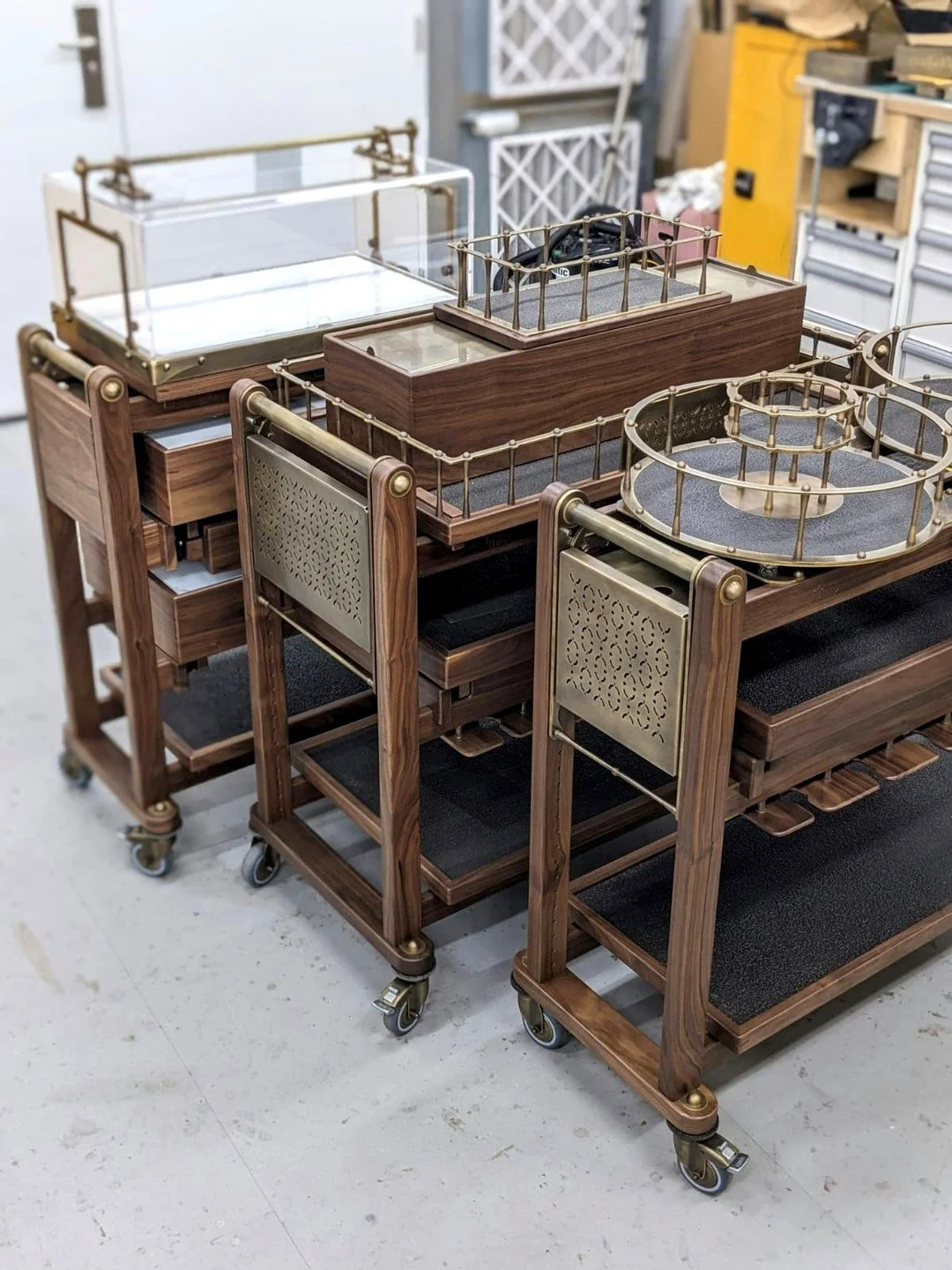 Three @rewthink trolleys ready to be packed for shipping ✨ 

From front to back: our digestif trolley, aperitif trolley, and dessert trolley, all designed and made in our workshop just outside London. 

⭐ If you'd like to learn more about our range o