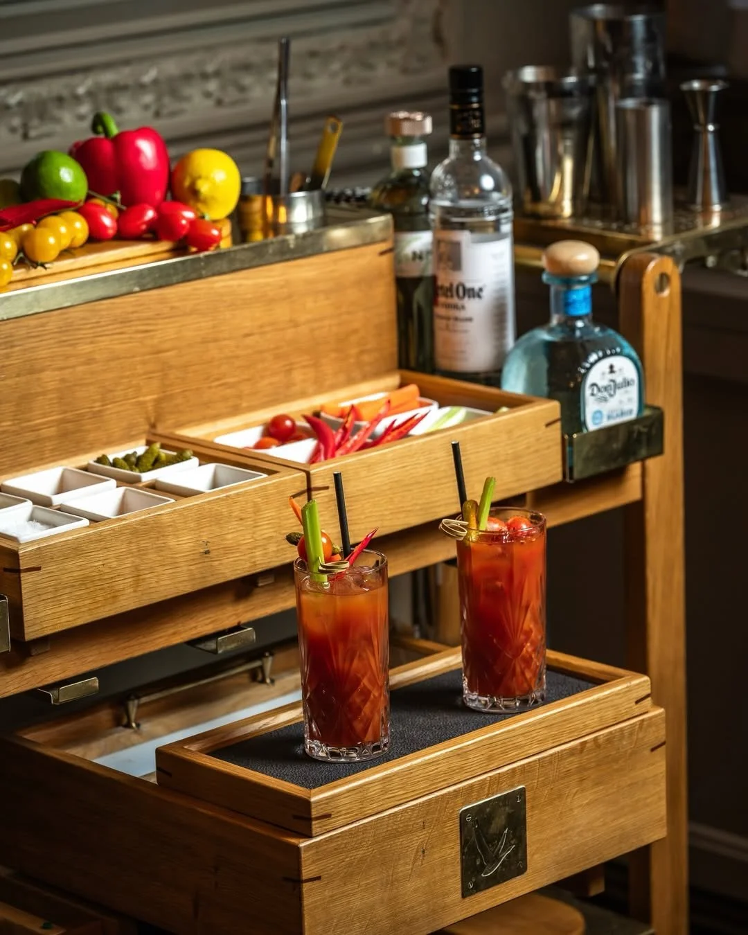 Mothers Day brunch vibes at Berners Tavern, where their bespoke Bloody Mary trolley sets the tone for an indulgent morning ❤️🍅✨ 

Designed and created by the @rewthink team, its folding servers, removable boxes and sliding trays make table side serv