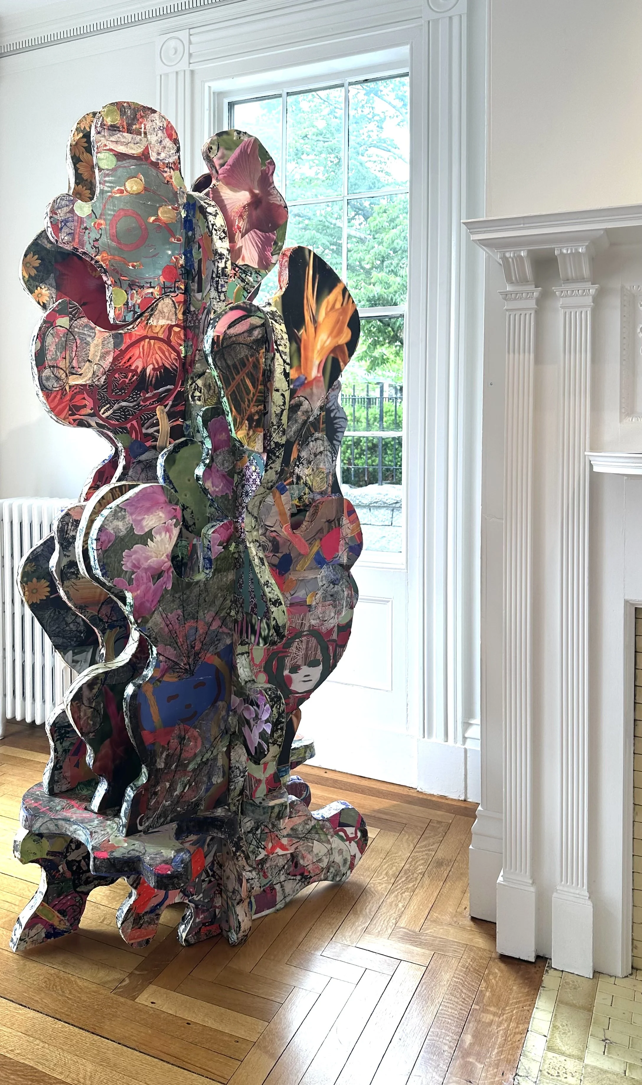 Mark Cooper . Pickerel 2026 . Photo-collage, flashe paint on wood . 84" x 34" x 34"