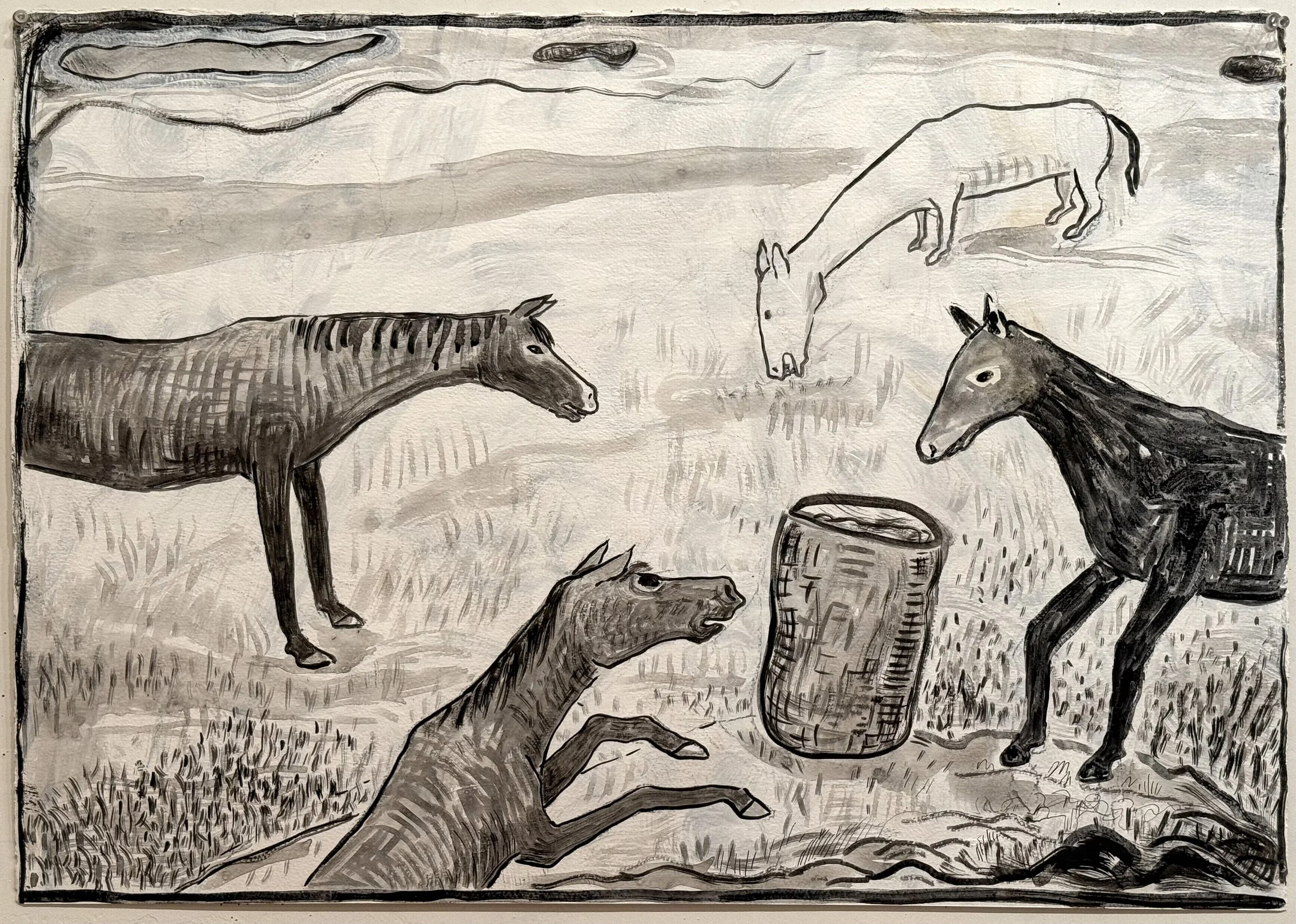 Gabrielle Barzaghi . Feeding 2025 . India ink on gessoed paper . 20.75" x 29.50"