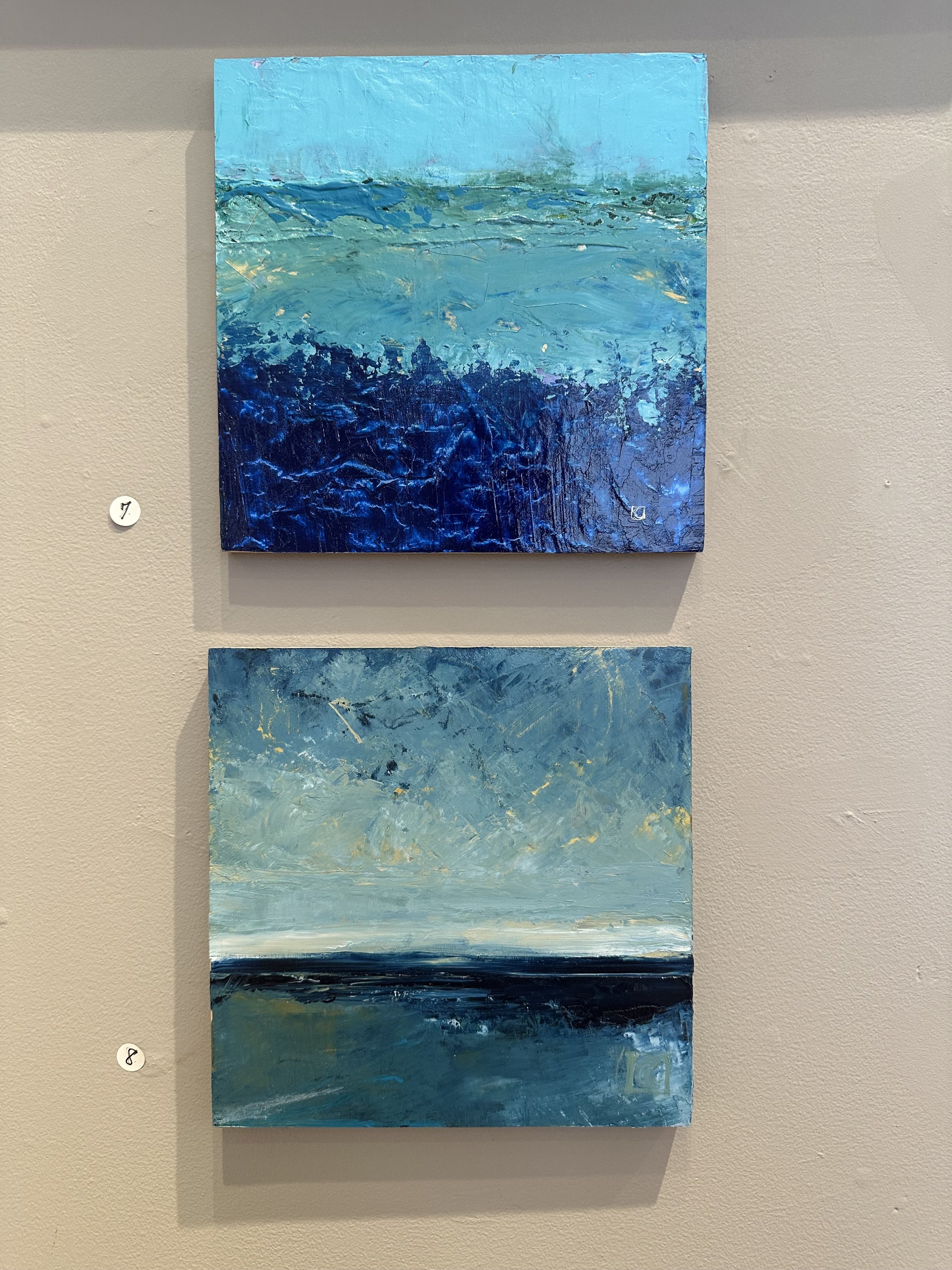 Catherine Cummings . Above the Sea 2024 . Oil on board . 8" x 8" . and Below the Sky . Oil on board . 8" x 8" . each $150 . both Sold