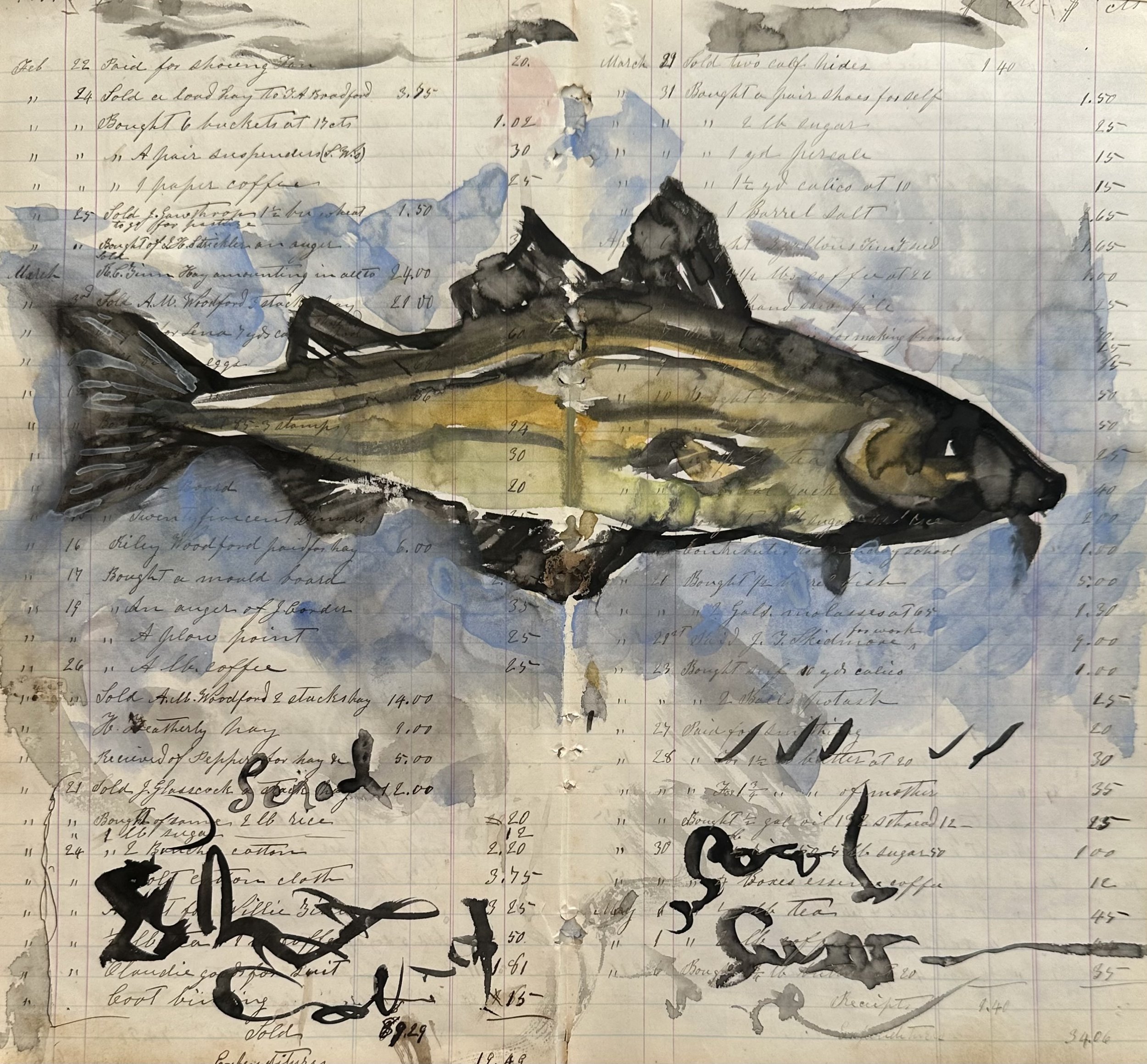 Scrod 2023 . Watercolor on log book pages from 1879 .