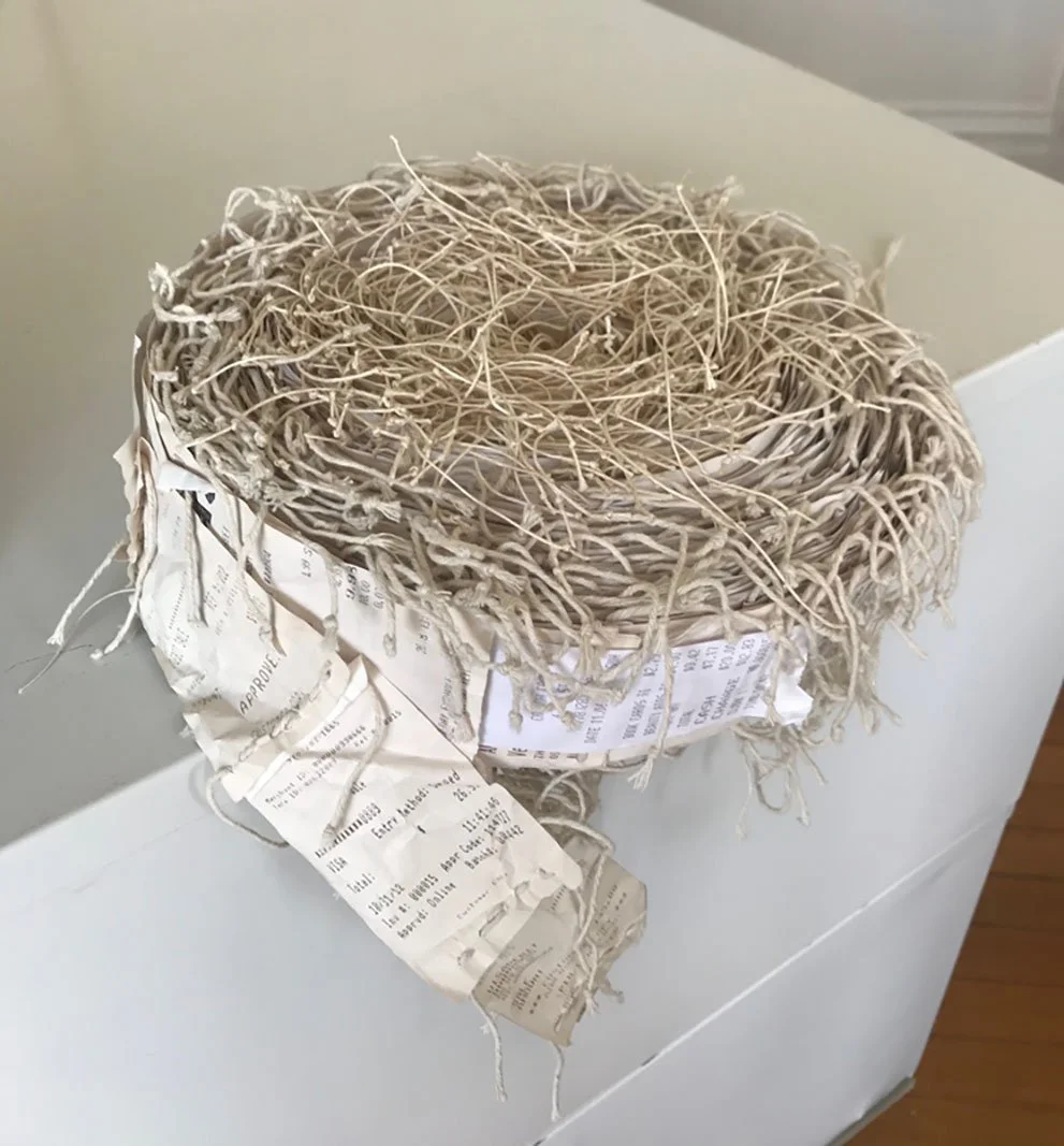 Gail Barker, Untitled (detail), 2018, Paper receipts, linen thread, Approx 10x10x3”. Larger ver-sion exhibited at the Royal Academy of Arts, London UK in 2018, $600