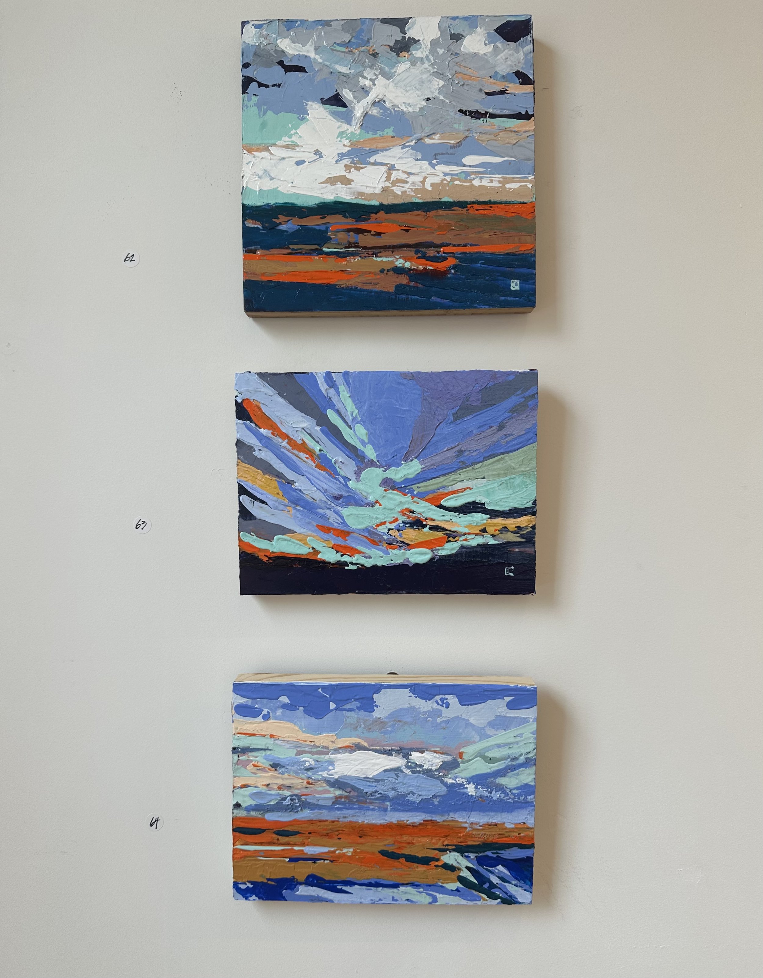 Catherine Cummings . view of three paintings .
each 8" x 8" . each $150 . Sold