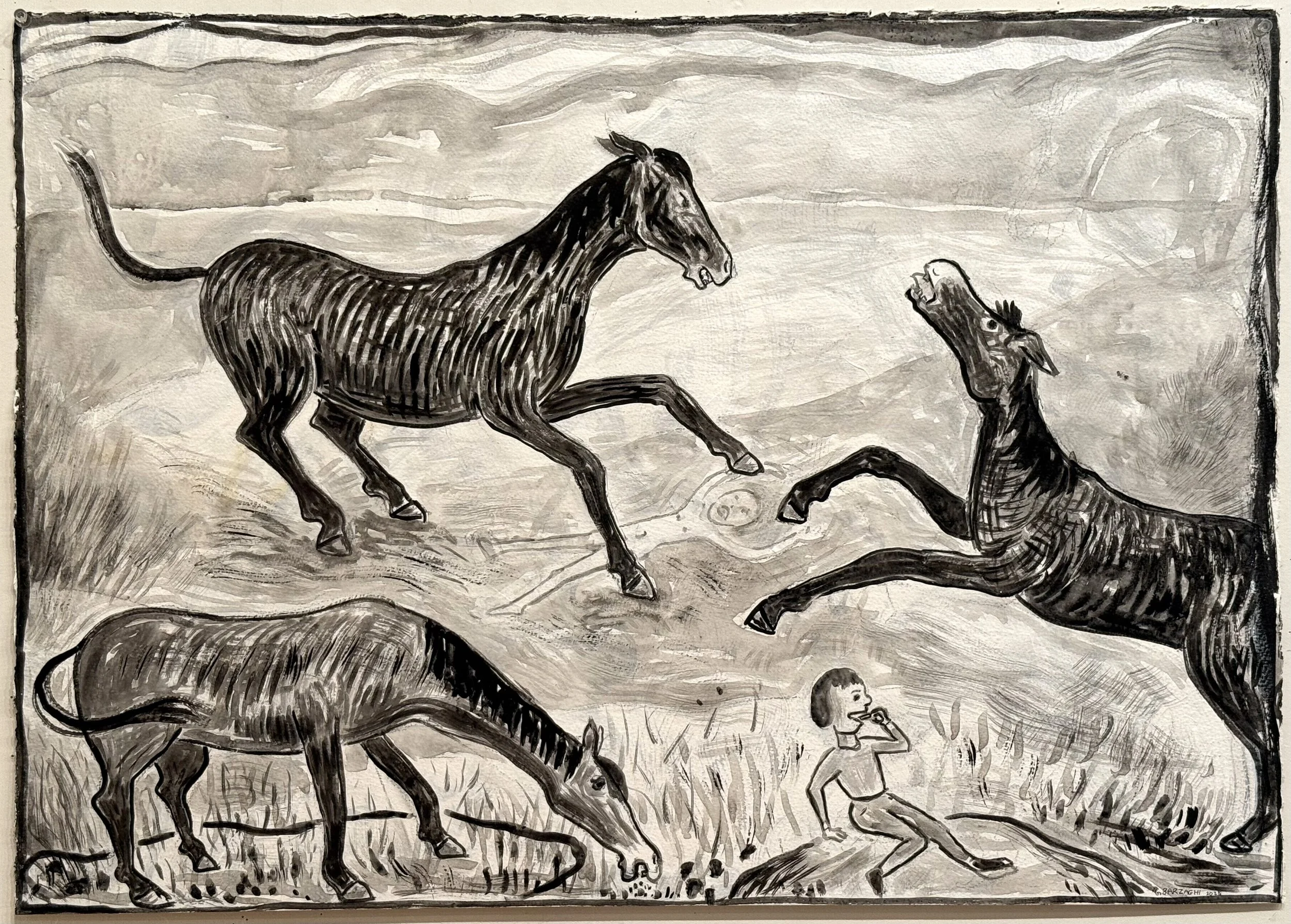 Gabrielle Barzaghi . Fighting 2025 . India ink on gessoed paper . 20.75" x 29.50"