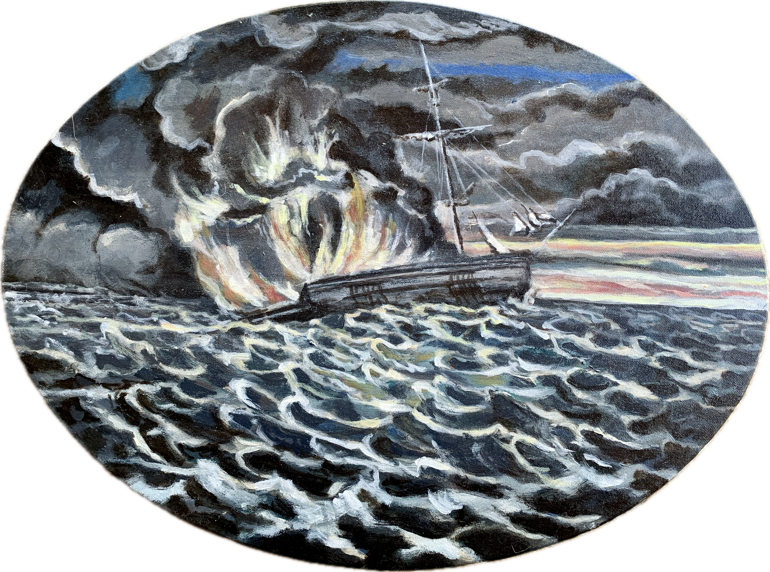 The Burning of the Boston, after Fitz Hugh Lane . Oil on canvas . Sold