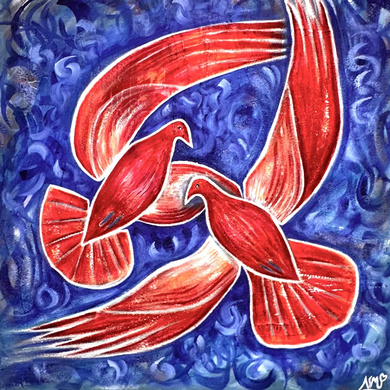 Two Dancing Red Doves 