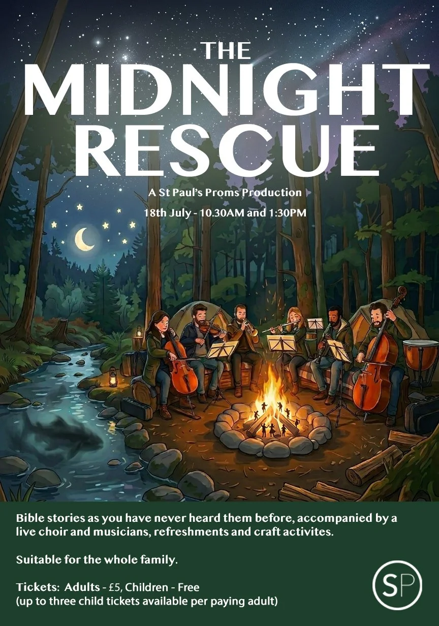 A promotional poster for 'The Midnight Rescue', a St. Paul's Proms production on July 18th at 10:30AM and 1:30PM. The poster features an illustration of a live outdoor concert in a forest at night with musicians playing string instruments around a campfire, with tents in the background, a night sky with stars and a crescent moon.