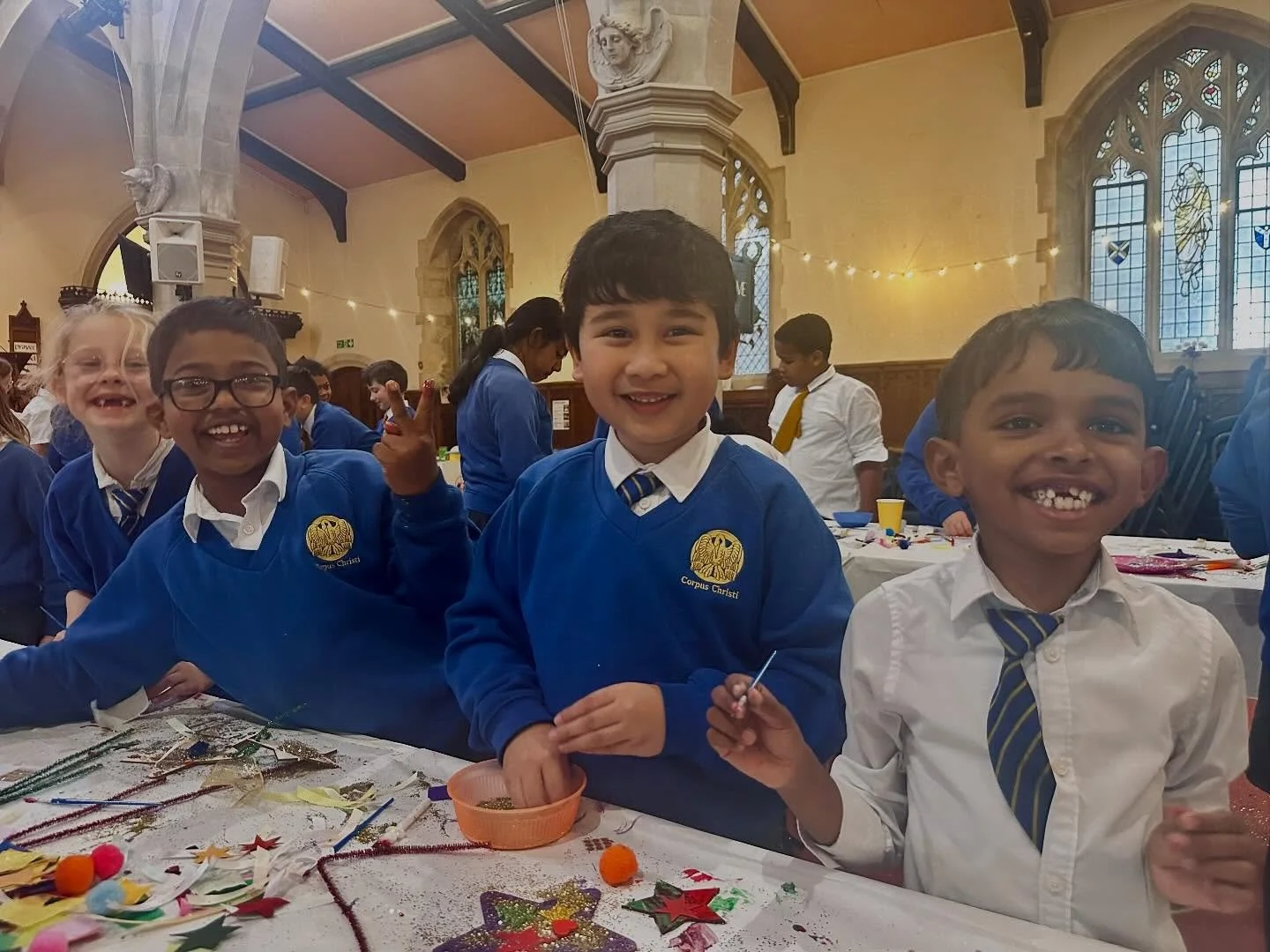 Today we had the wonderful students from Corpus Christi decorating stars &mdash; getting ready to make the church shine for Christmas! 🌟🎄