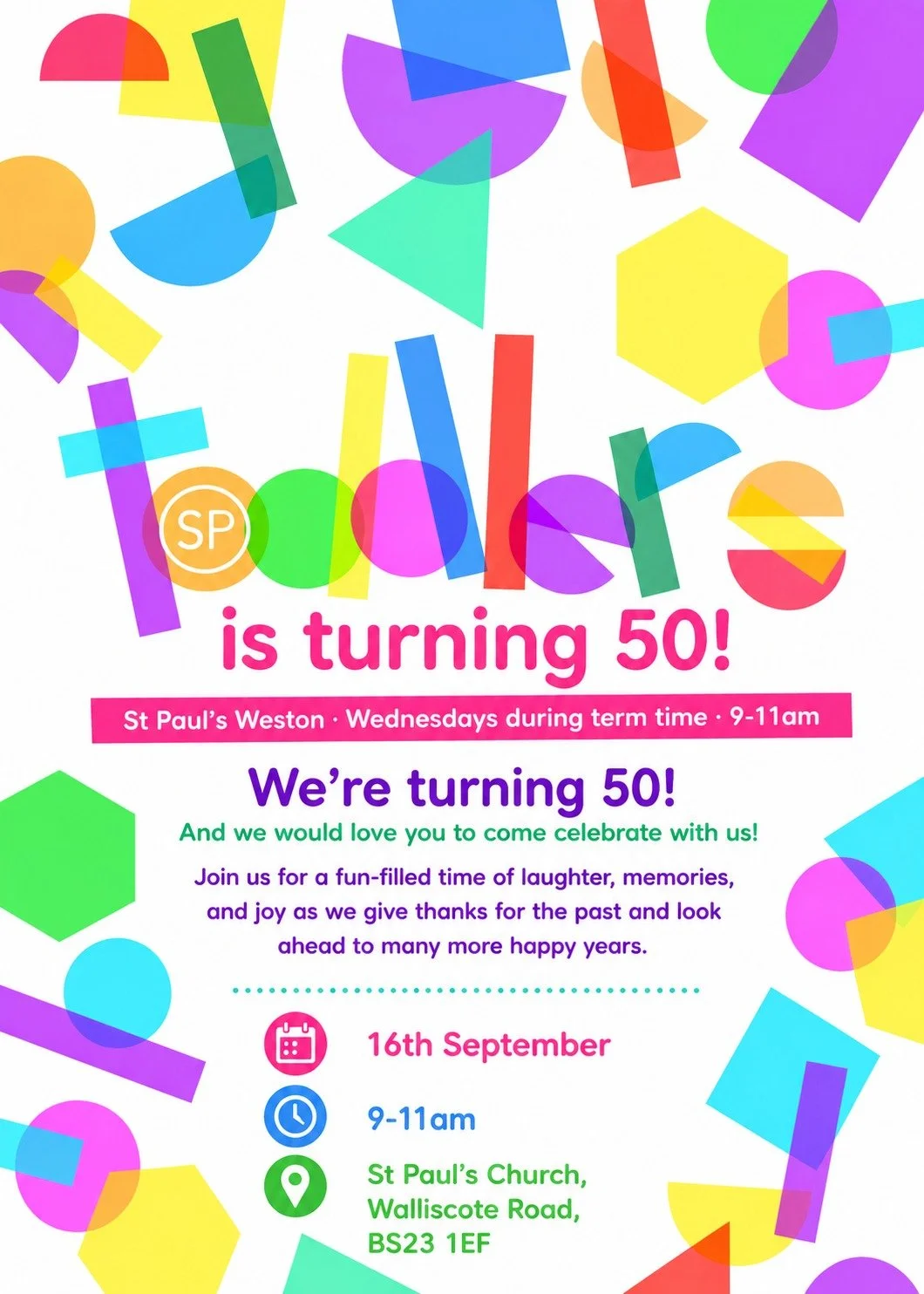 🎈🧸 TODDLERS IS TURNING 50! 🧸🎈

We&rsquo;re back next week, Wednesday 16th September, and we&rsquo;re celebrating a very special milestone&hellip; 50 years of Toddlers! 🎉

Come and join us for a morning of fun, friendship, play and celebration as