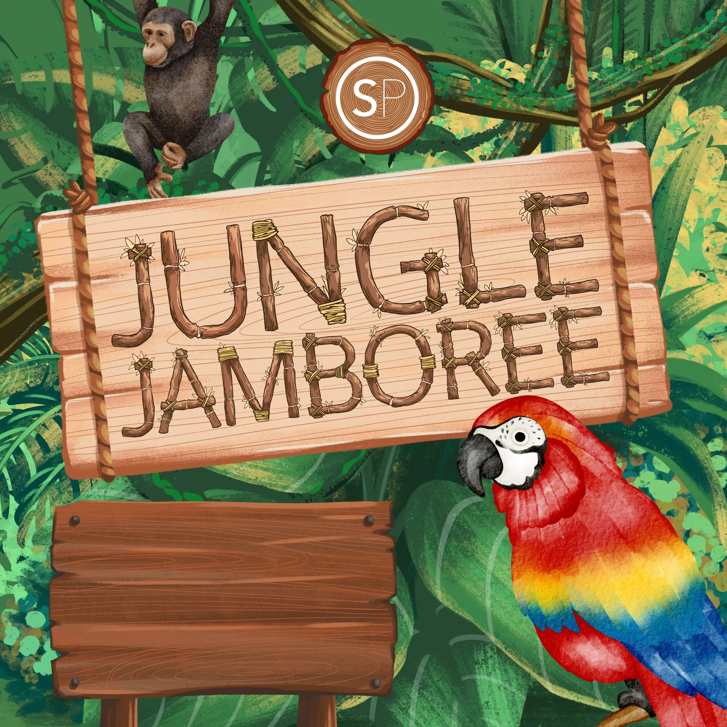 Illustration of a jungle scene with a monkey sitting on a tree branch, a colorful parrot on a wooden sign reading "Jungle JamBoree," and green jungle foliage in the background.