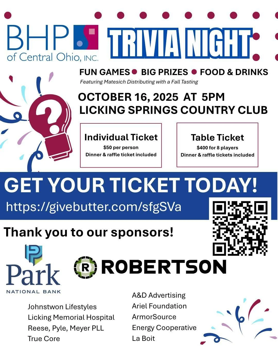 Ready, set, party! 🎉 Don't be a party pooper, join us for our annual fundraiser on October 16th! Trivia Night is back and better than ever! 🤔

We are bringing back all of the things you love and adding our special guests from @matesichbeer with a f