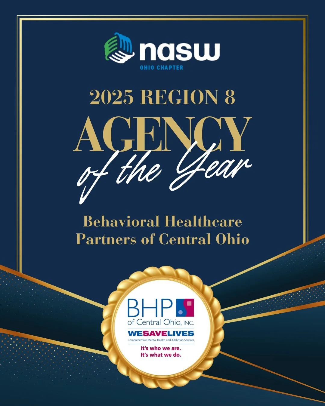 BHP is honored to share that we have been awarded the National Association of Social Workers - Ohio Chapter, Region 8 "Agency of the Year" award! 

This award honors recipients who embody the heart of social work, leading change, uplifting 