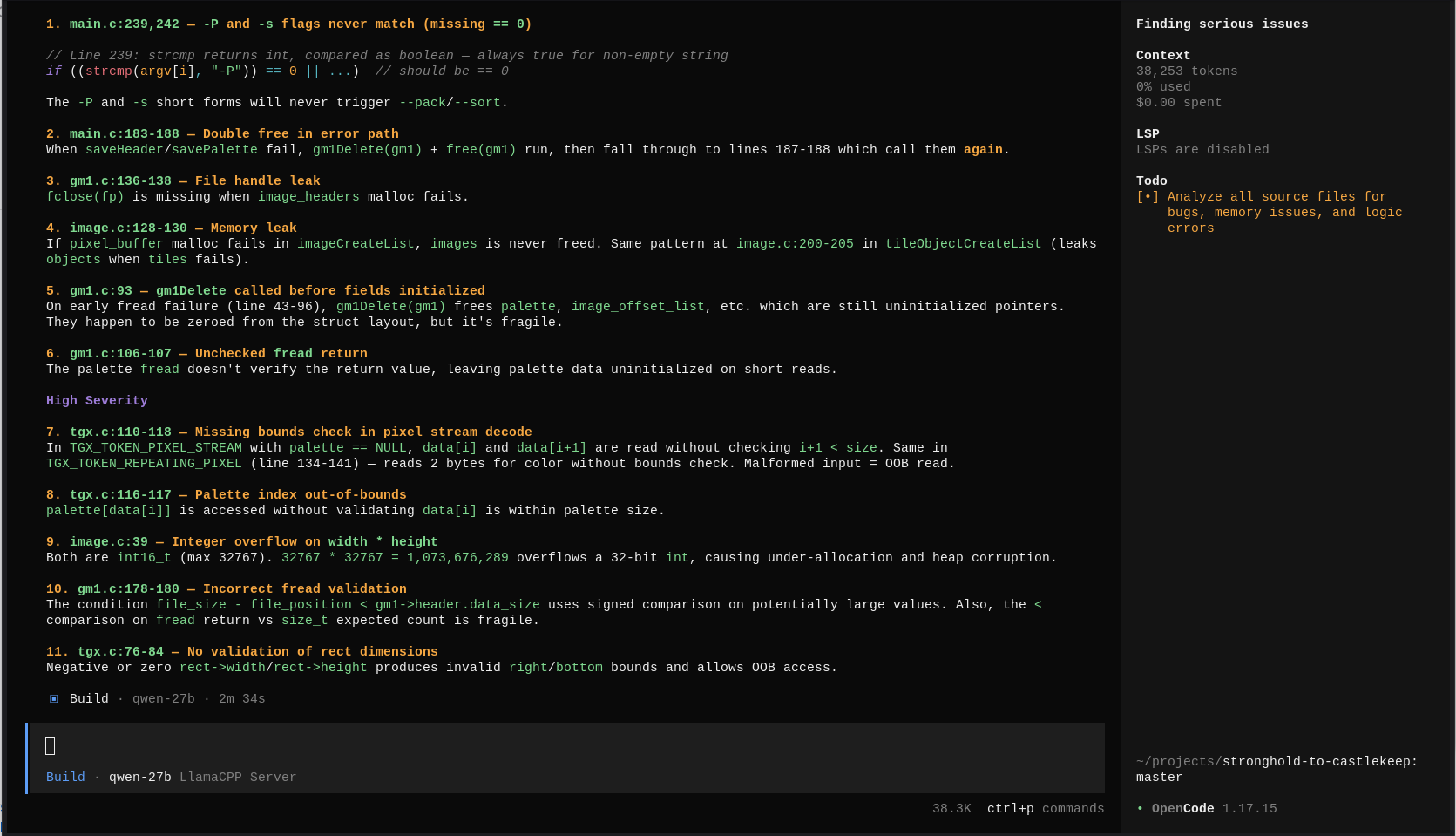 Opencode listet mehrere gefundene Probleme im C-Code auf, jeweils mit Datei, Zeilennummer und Erklärung