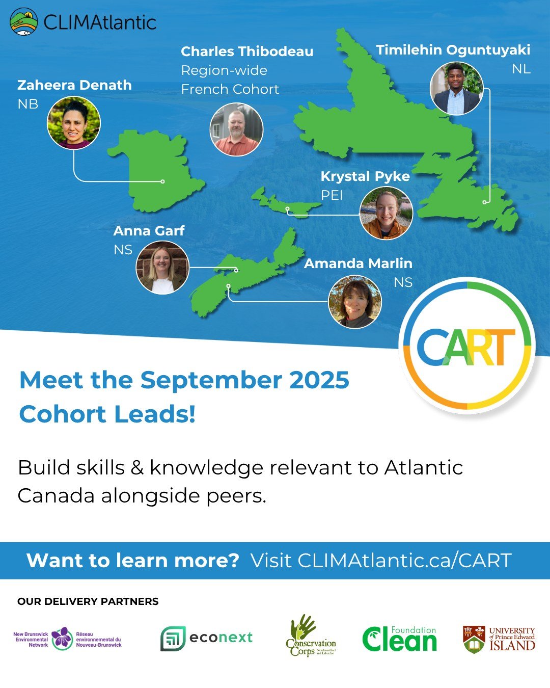 💻Join us on July 23, 2025, at 1:30 PM (Atlantic) for a Climate Adaptation & Resilience Training (CART) information session. Come learn more about the program, ask questions, and meet our cohort leads and supports. French interpretation will be p