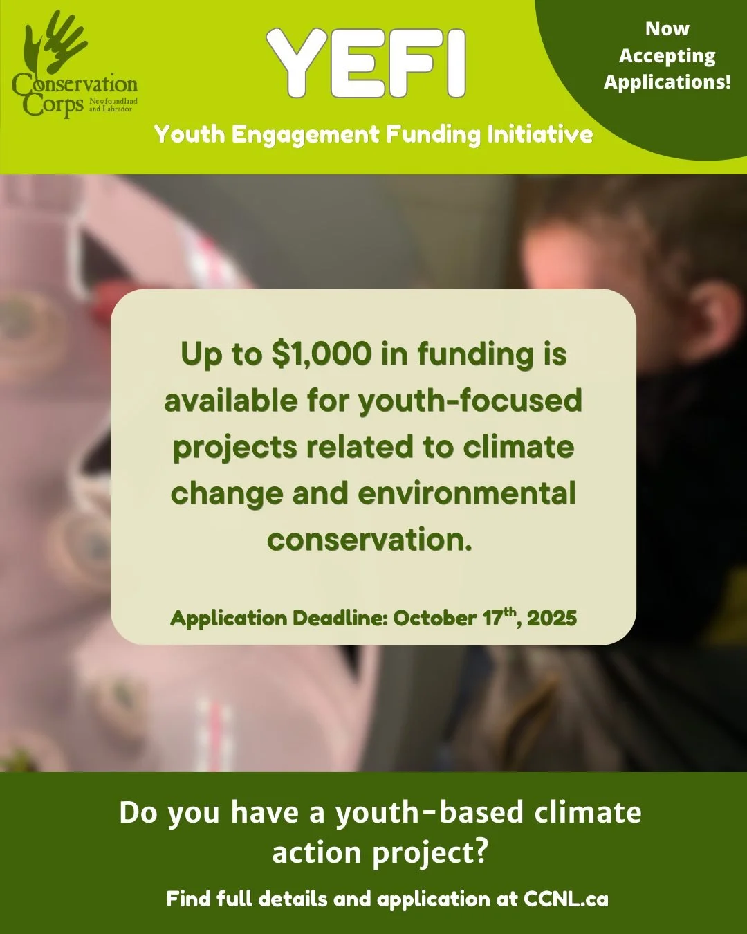 ๐CCNL is now accepting YEFI funding applications!๐
Up to $1,000 in funding is available for youth-focused projects related to climate change and environmental conservation. ๐๐ฟNL educators and youth organizations/groups are encouraged to apply t