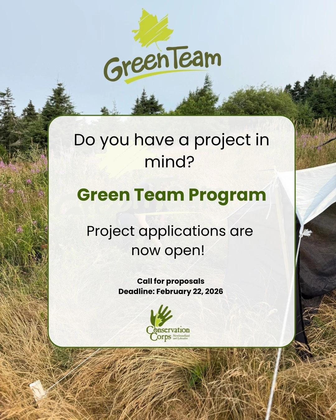 Now accepting Green Team project proposals for environmental and cultural initiatives! Applications are open until February 22nd, 2026. Past project example and our application form can be found on our website at https://www.ccnl.ca/green-team-projec