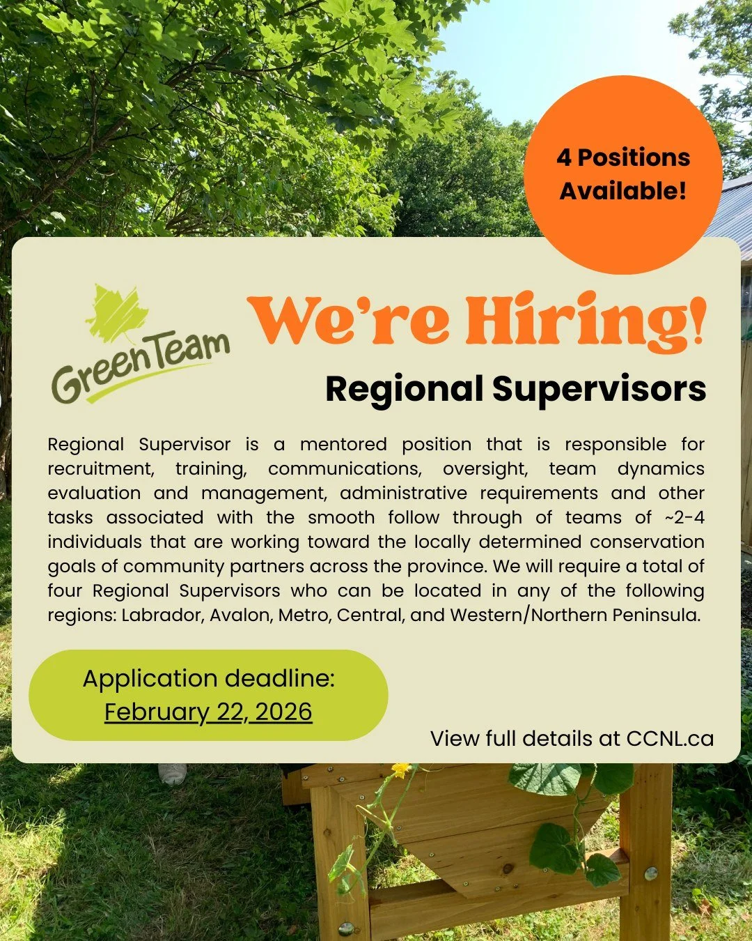 Conservation Corps NL is hiring 4 Regional supervisors for a mentored leadership position! Develop transferable skills, receive on-the-job training, and earn a competitive salary. Be part of something extraordinary this summer🌱

Application deadline