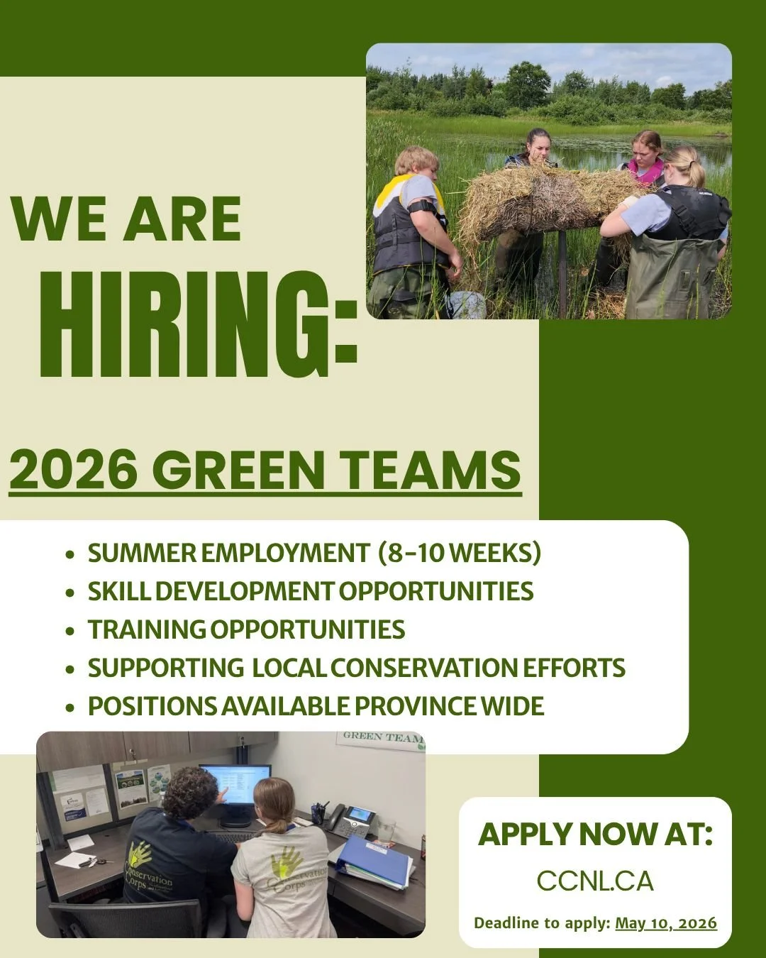 🎵It's time!!🎵👷🌱

Our 2026 Green Team applications are now open! We are hiring  Green Team Leaders and Green Team Members  right NOW!

CCNL offers training, mentorship, and hands on employment experience in a variety of environmental and cultural 