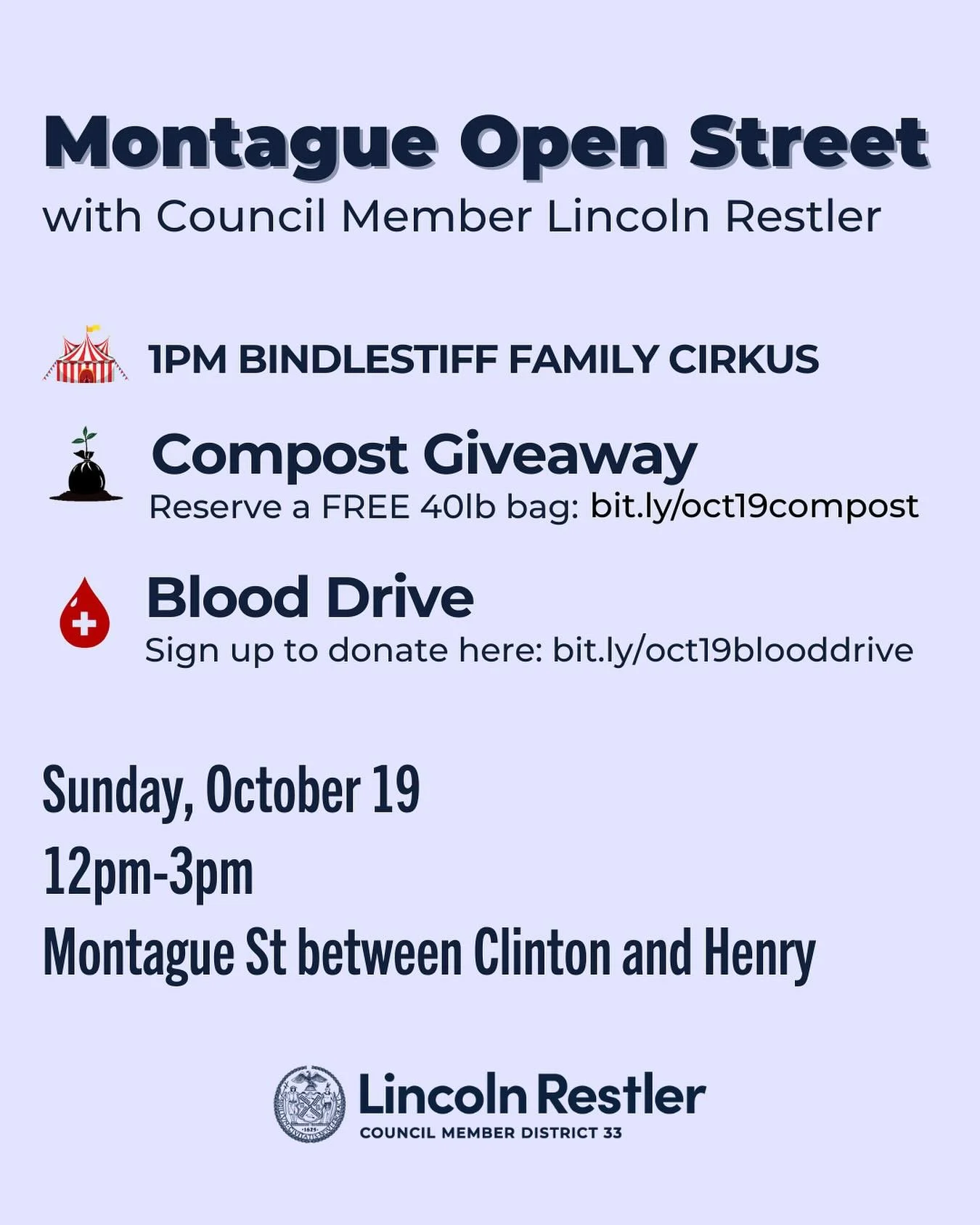 Join us at Montague Open Streets on Sunday Oct 19! We&rsquo;ll be there all afternoon with a performance from Bindlestiff Family Circus at 1pm, free compost giveaway &amp; blood drive.
Reserve compost: bit.ly/oct19compost&nbsp;
Donate blood: bit.ly/o