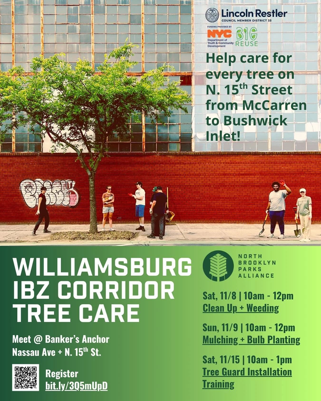 Join us for a series of volunteer days in November to care for every tree on N. 15th Street from McCarren Park to Bushwick Inlet. We’ll be out on Saturday Nov. 8, Sunday Nov. 9, & Sunday Nov. 15. Sign up link in bio.