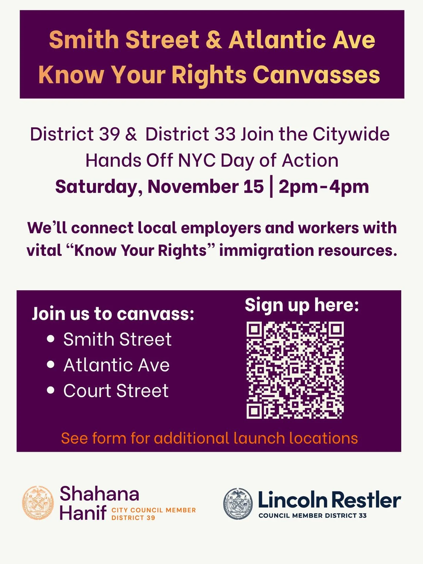 We&rsquo;re partnering with @cmshahanahanif to canvas local businesses and share Know Your Rights resources as ICE increases its presence in NYC. Join us on November 15th at 2pm to make sure our neighbors are informed and protected. Sign up link in b
