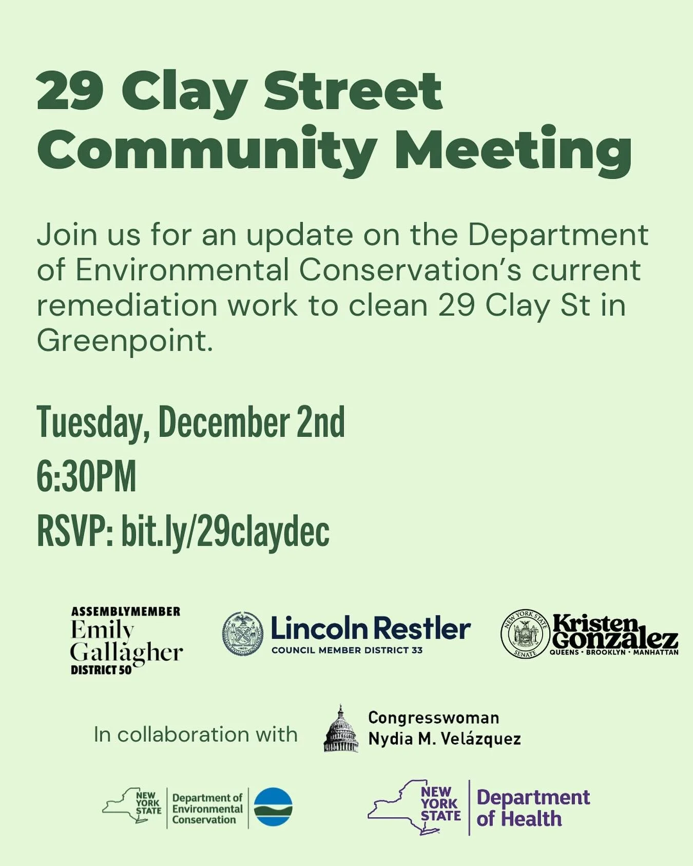 Join us on December 2nd to hear from the Department of Environmental Conservation and the developer of 29 Clay Street about the remediation work underway to clean up the site.
RSVP link in bio.